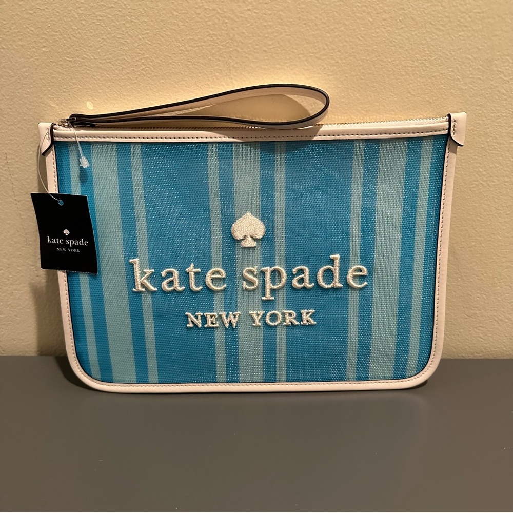 Kate Spade Aqua and White Striped Wristlet
